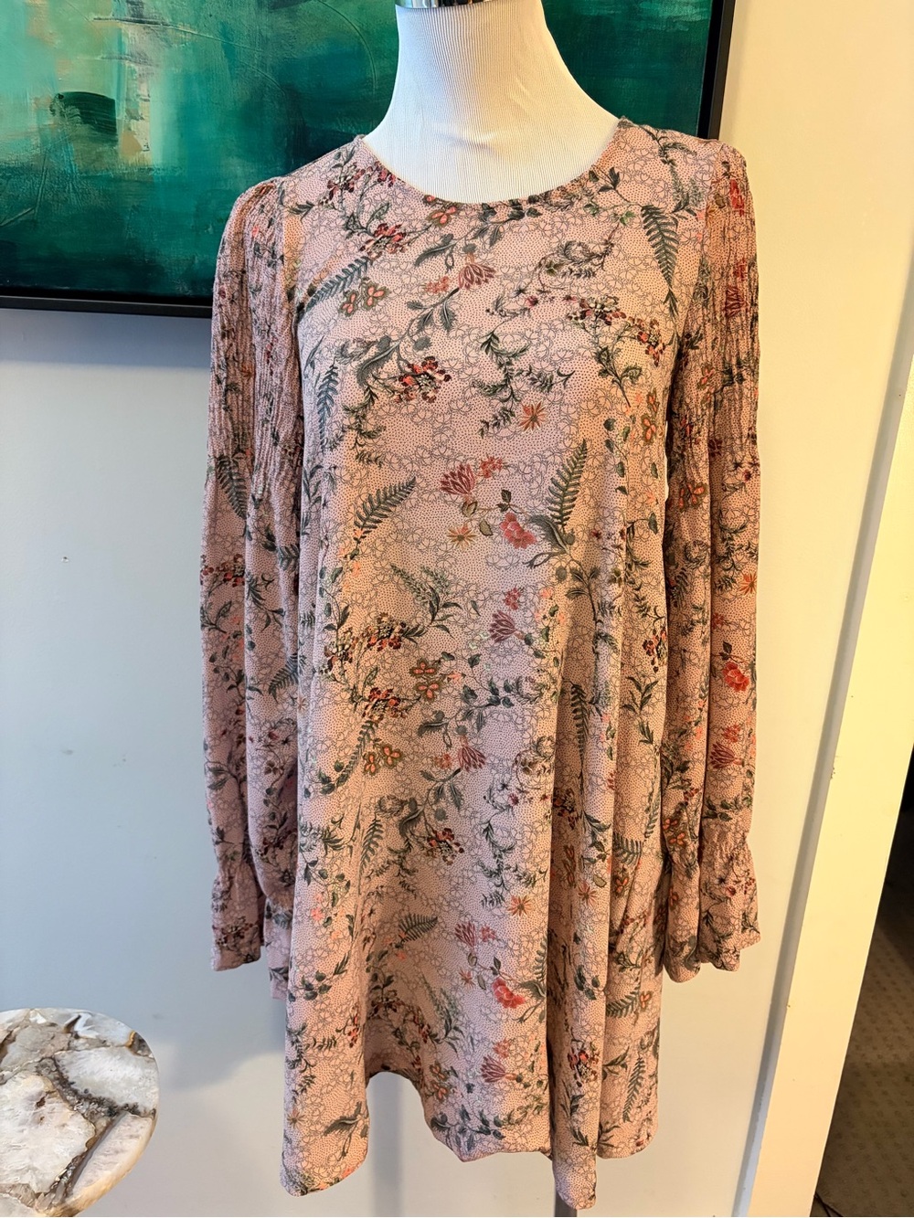 Stradivarius Dusty Pink Floral Long-Sleeve Mini Dress
